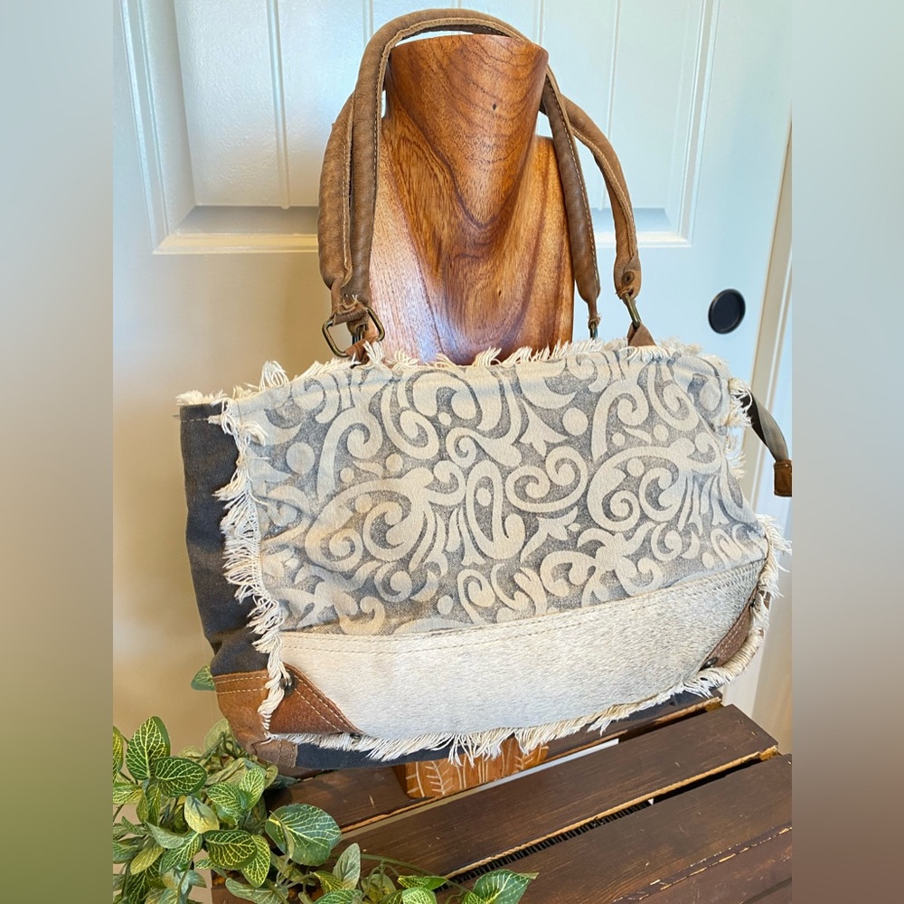 Myra Handbag Canvas, Cotton Patterned With Hide Fabric - Picture 1 of 16